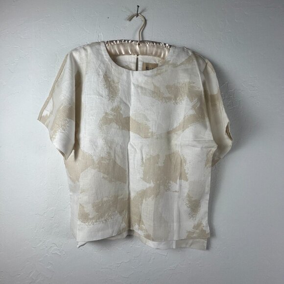 Elie Tahari Womens Large Khaki Printed Short Sleeve 100% Linen Top New MSRP $78 - Picture 1 of 8